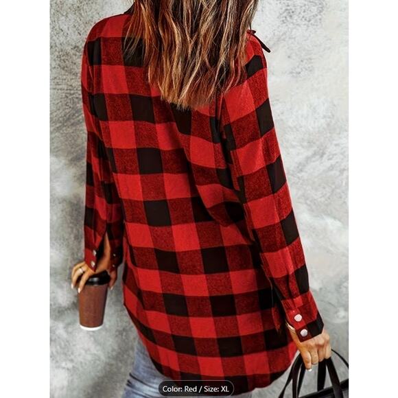 Women's Red Plaid Button-Front Shirt-Long Sleeve - XL - Picture 2 of 2